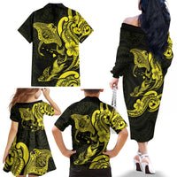 Hawaiian Manta Rays Family Matching Off The Shoulder Long Sleeve Dress and Hawaiian Shirt Tribal Hibiscus Polynesian Tattoos Yellow Color - Polynesian Pride