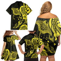 Hawaiian Manta Rays Family Matching Off Shoulder Short Dress and Hawaiian Shirt Tribal Hibiscus Polynesian Tattoos Yellow Color - Polynesian Pride