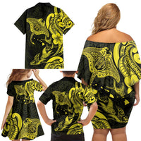 Hawaiian Manta Rays Family Matching Off Shoulder Short Dress and Hawaiian Shirt Tribal Hibiscus Polynesian Tattoos Yellow Color - Polynesian Pride