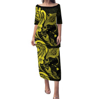 Hawaiian Manta Rays Family Matching Puletasi and Hawaiian Shirt Tribal Hibiscus Polynesian Tattoos Yellow Color - Polynesian Pride
