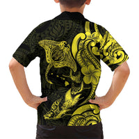 Hawaiian Manta Rays Family Matching Short Sleeve Bodycon Dress and Hawaiian Shirt Tribal Hibiscus Polynesian Tattoos Yellow Color - Polynesian Pride