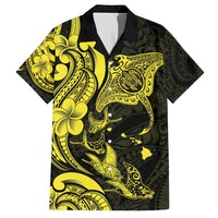 Hawaiian Manta Rays Family Matching Short Sleeve Bodycon Dress and Hawaiian Shirt Tribal Hibiscus Polynesian Tattoos Yellow Color - Polynesian Pride