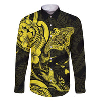 Hawaiian Manta Rays Family Matching Short Sleeve Bodycon Dress and Hawaiian Shirt Tribal Hibiscus Polynesian Tattoos Yellow Color - Polynesian Pride