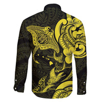 Hawaiian Manta Rays Family Matching Short Sleeve Bodycon Dress and Hawaiian Shirt Tribal Hibiscus Polynesian Tattoos Yellow Color - Polynesian Pride