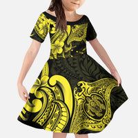 Hawaiian Manta Rays Kid Short Sleeve Dress Tribal Hibiscus Polynesian Tattoos Yellow Color - Polynesian Pride
