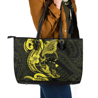 Hawaiian Manta Rays Leather Tote Bag Tribal Hibiscus Polynesian Tattoos Yellow Color - Polynesian Pride