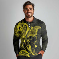 Hawaiian Manta Rays Long Sleeve Polo Shirt Tribal Hibiscus Polynesian Tattoos Yellow Color - Polynesian Pride