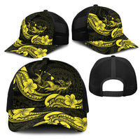 Hawaiian Manta Rays Mesh Trucker Cap Tribal Hibiscus Polynesian Tattoos Yellow Color - Polynesian Pride