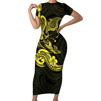 Hawaiian Manta Rays Short Sleeve Bodycon Dress Tribal Hibiscus Polynesian Tattoos Yellow Color - Polynesian Pride