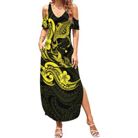 Hawaiian Manta Rays Summer Maxi Dress Tribal Hibiscus Polynesian Tattoos Yellow Color - Polynesian Pride