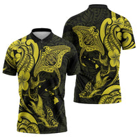 Hawaiian Manta Rays Zipper Polo Shirt Tribal Hibiscus Polynesian Tattoos Yellow Color - Polynesian Pride
