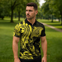 Hawaiian Manta Rays Zipper Polo Shirt Tribal Hibiscus Polynesian Tattoos Yellow Color - Polynesian Pride