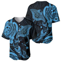 Hawaiian Manta Rays Baseball Jersey Tribal Hibiscus Polynesian Tattoos Blue Color LT03 - Polynesian Pride