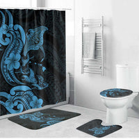 Hawaiian Manta Rays Bathroom Set Tribal Hibiscus Polynesian Tattoos Blue Color - Polynesian Pride