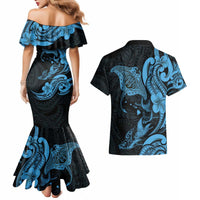 Hawaiian Manta Rays Couples Matching Mermaid Dress and Hawaiian Shirt Tribal Hibiscus Polynesian Tattoos Blue Color - Polynesian Pride