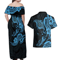 Hawaiian Manta Rays Couples Matching Off Shoulder Maxi Dress and Hawaiian Shirt Tribal Hibiscus Polynesian Tattoos Blue Color - Polynesian Pride
