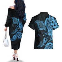 Hawaiian Manta Rays Couples Matching Off The Shoulder Long Sleeve Dress and Hawaiian Shirt Tribal Hibiscus Polynesian Tattoos Blue Color - Polynesian Pride