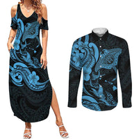 Hawaiian Manta Rays Couples Matching Summer Maxi Dress and Long Sleeve Button Shirt Tribal Hibiscus Polynesian Tattoos Blue Color - Polynesian Pride