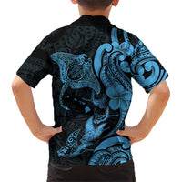Hawaiian Manta Rays Family Matching Long Sleeve Bodycon Dress and Hawaiian Shirt Tribal Hibiscus Polynesian Tattoos Blue Color - Polynesian Pride