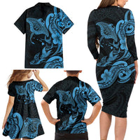 Hawaiian Manta Rays Family Matching Long Sleeve Bodycon Dress and Hawaiian Shirt Tribal Hibiscus Polynesian Tattoos Blue Color - Polynesian Pride
