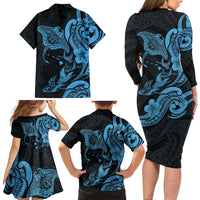 Hawaiian Manta Rays Family Matching Long Sleeve Bodycon Dress and Hawaiian Shirt Tribal Hibiscus Polynesian Tattoos Blue Color - Polynesian Pride
