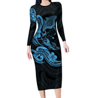 Hawaiian Manta Rays Family Matching Long Sleeve Bodycon Dress and Hawaiian Shirt Tribal Hibiscus Polynesian Tattoos Blue Color - Polynesian Pride