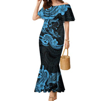 Hawaiian Manta Rays Family Matching Mermaid Dress and Hawaiian Shirt Tribal Hibiscus Polynesian Tattoos Blue Color - Polynesian Pride