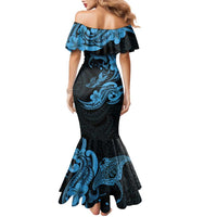 Hawaiian Manta Rays Family Matching Mermaid Dress and Hawaiian Shirt Tribal Hibiscus Polynesian Tattoos Blue Color - Polynesian Pride