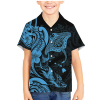 Hawaiian Manta Rays Family Matching Mermaid Dress and Hawaiian Shirt Tribal Hibiscus Polynesian Tattoos Blue Color - Polynesian Pride