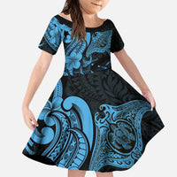 Hawaiian Manta Rays Family Matching Off The Shoulder Long Sleeve Dress and Hawaiian Shirt Tribal Hibiscus Polynesian Tattoos Blue Color - Polynesian Pride