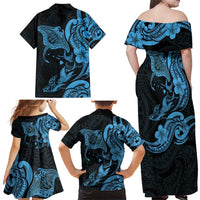 Hawaiian Manta Rays Family Matching Off Shoulder Maxi Dress and Hawaiian Shirt Tribal Hibiscus Polynesian Tattoos Blue Color - Polynesian Pride