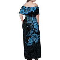 Hawaiian Manta Rays Family Matching Off Shoulder Maxi Dress and Hawaiian Shirt Tribal Hibiscus Polynesian Tattoos Blue Color - Polynesian Pride