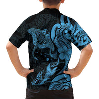 Hawaiian Manta Rays Family Matching Off Shoulder Short Dress and Hawaiian Shirt Tribal Hibiscus Polynesian Tattoos Blue Color - Polynesian Pride