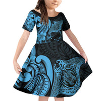 Hawaiian Manta Rays Family Matching Off Shoulder Short Dress and Hawaiian Shirt Tribal Hibiscus Polynesian Tattoos Blue Color - Polynesian Pride