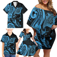 Hawaiian Manta Rays Family Matching Off Shoulder Short Dress and Hawaiian Shirt Tribal Hibiscus Polynesian Tattoos Blue Color - Polynesian Pride