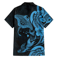 Hawaiian Manta Rays Family Matching Off Shoulder Short Dress and Hawaiian Shirt Tribal Hibiscus Polynesian Tattoos Blue Color - Polynesian Pride