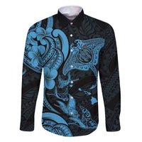 Hawaiian Manta Rays Family Matching Off Shoulder Short Dress and Hawaiian Shirt Tribal Hibiscus Polynesian Tattoos Blue Color - Polynesian Pride