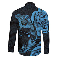 Hawaiian Manta Rays Family Matching Off Shoulder Short Dress and Hawaiian Shirt Tribal Hibiscus Polynesian Tattoos Blue Color - Polynesian Pride