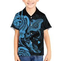 Hawaiian Manta Rays Family Matching Off Shoulder Short Dress and Hawaiian Shirt Tribal Hibiscus Polynesian Tattoos Blue Color - Polynesian Pride