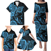 Hawaiian Manta Rays Family Matching Puletasi and Hawaiian Shirt Tribal Hibiscus Polynesian Tattoos Blue Color - Polynesian Pride