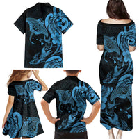 Hawaiian Manta Rays Family Matching Puletasi and Hawaiian Shirt Tribal Hibiscus Polynesian Tattoos Blue Color - Polynesian Pride