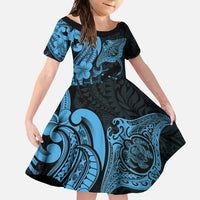 Hawaiian Manta Rays Family Matching Short Sleeve Bodycon Dress and Hawaiian Shirt Tribal Hibiscus Polynesian Tattoos Blue Color - Polynesian Pride