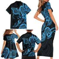 Hawaiian Manta Rays Family Matching Short Sleeve Bodycon Dress and Hawaiian Shirt Tribal Hibiscus Polynesian Tattoos Blue Color - Polynesian Pride