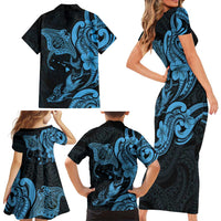 Hawaiian Manta Rays Family Matching Short Sleeve Bodycon Dress and Hawaiian Shirt Tribal Hibiscus Polynesian Tattoos Blue Color - Polynesian Pride