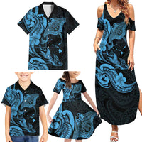 Hawaiian Manta Rays Family Matching Summer Maxi Dress and Hawaiian Shirt Tribal Hibiscus Polynesian Tattoos Blue Color - Polynesian Pride