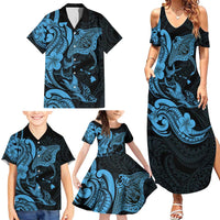 Hawaiian Manta Rays Family Matching Summer Maxi Dress and Hawaiian Shirt Tribal Hibiscus Polynesian Tattoos Blue Color - Polynesian Pride