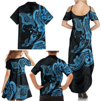 Hawaiian Manta Rays Family Matching Summer Maxi Dress and Hawaiian Shirt Tribal Hibiscus Polynesian Tattoos Blue Color - Polynesian Pride