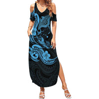 Hawaiian Manta Rays Family Matching Summer Maxi Dress and Hawaiian Shirt Tribal Hibiscus Polynesian Tattoos Blue Color - Polynesian Pride