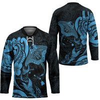 Hawaiian Manta Rays Hockey Jersey Tribal Hibiscus Polynesian Tattoos Blue Color LT03 - Polynesian Pride
