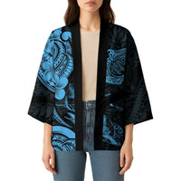 Hawaiian Manta Rays Kimono Tribal Hibiscus Polynesian Tattoos Blue Color - Polynesian Pride